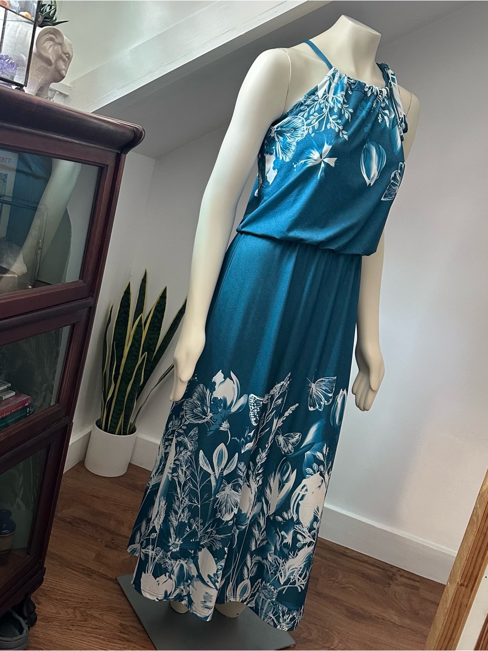 Lily by Firmiana // Teal Butterfly Floral Halter Maxi Dress